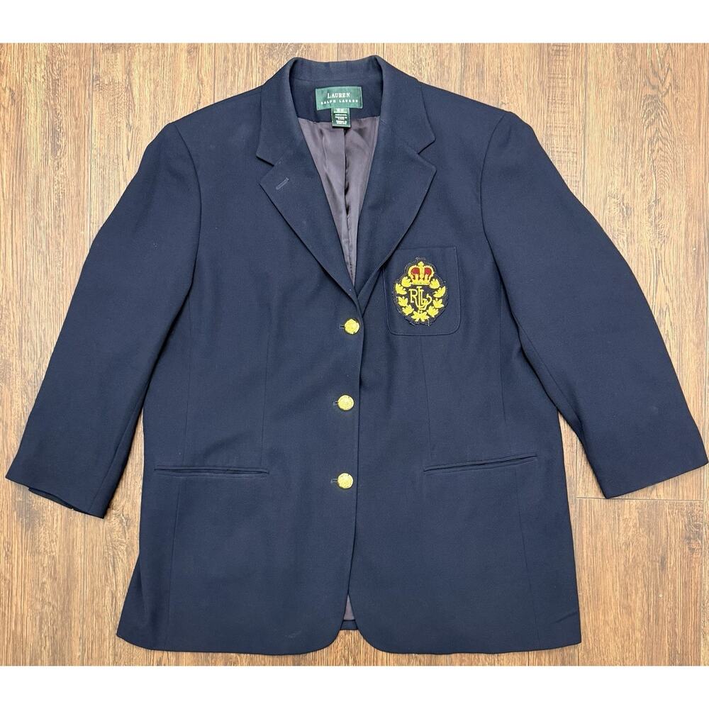 Vintage Lauren Ralph Lauren Gold Crown Crest Wool Blazer Gold-Button Navy Sz 18W